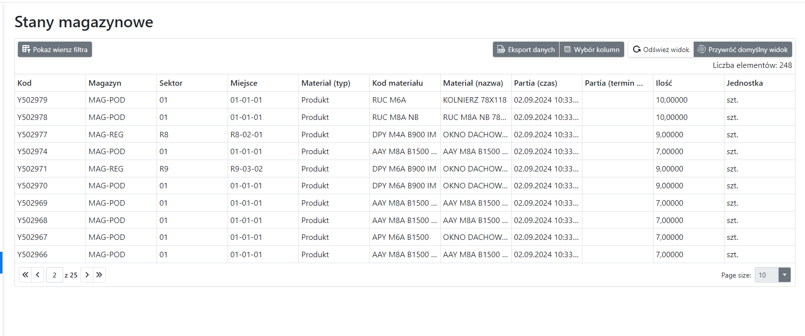 Screenshot of the warehouse program