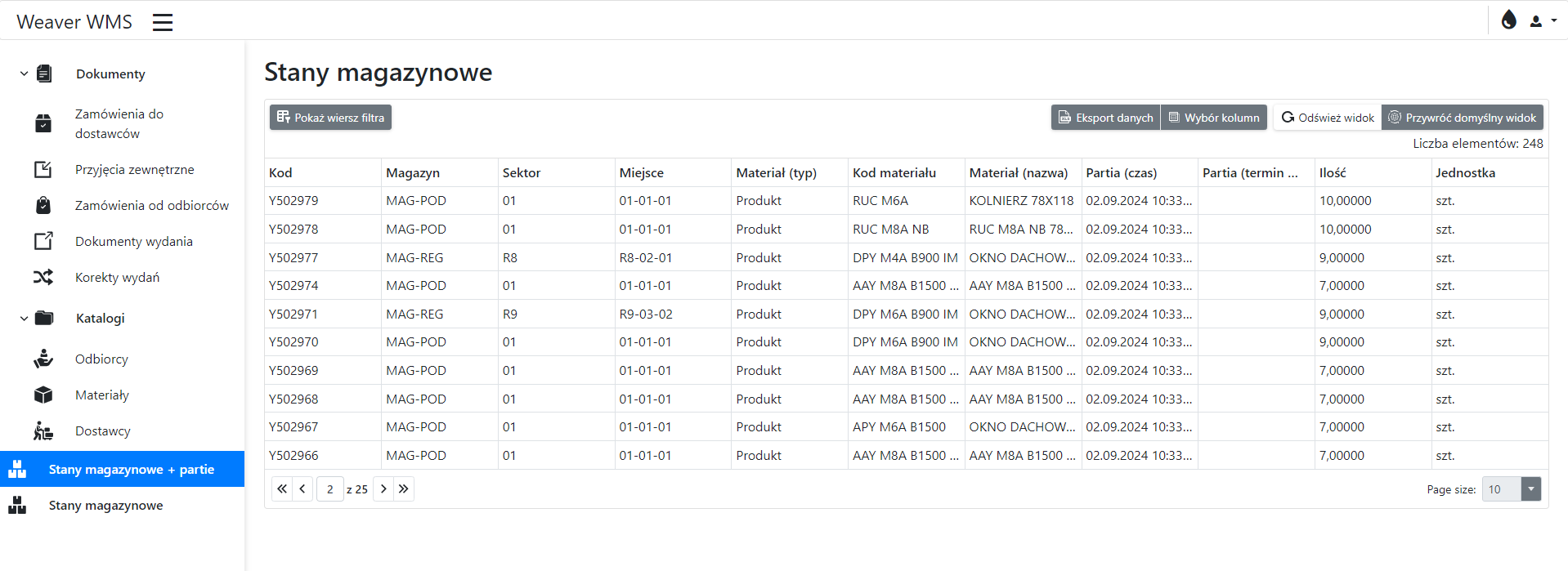 Screenshot of the warehouse program