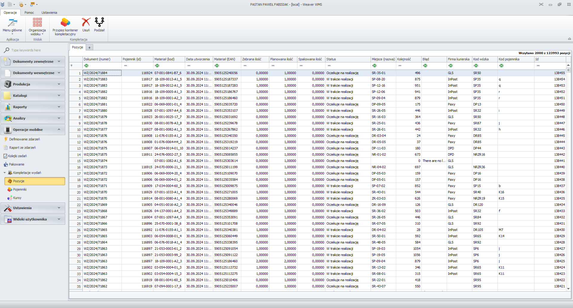 Screenshot of the warehouse program